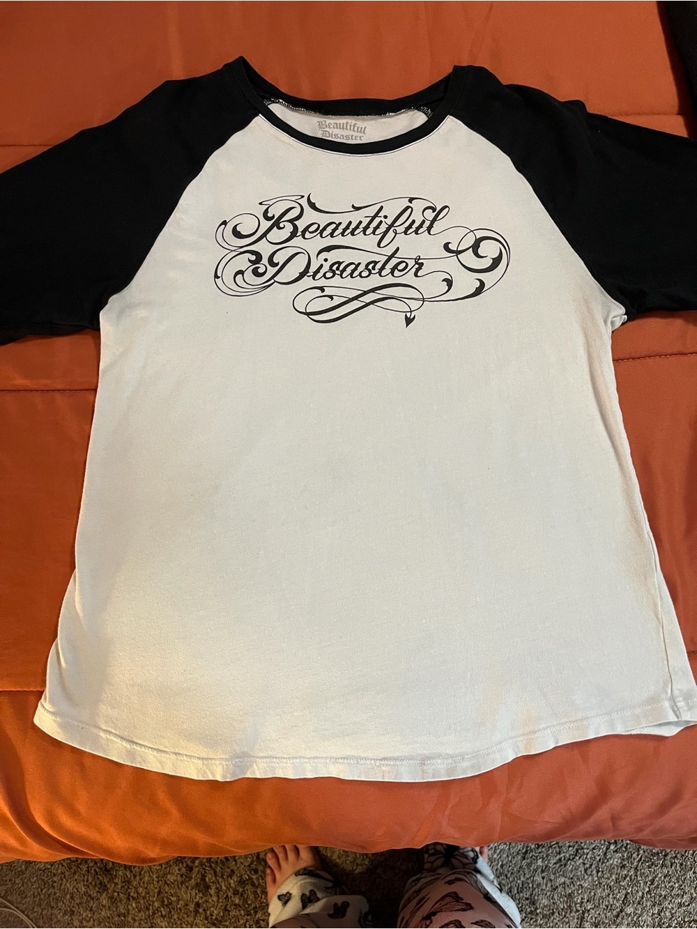 Beautiful Disaster Women’s Black and White Raglan Long Sleeve Tee